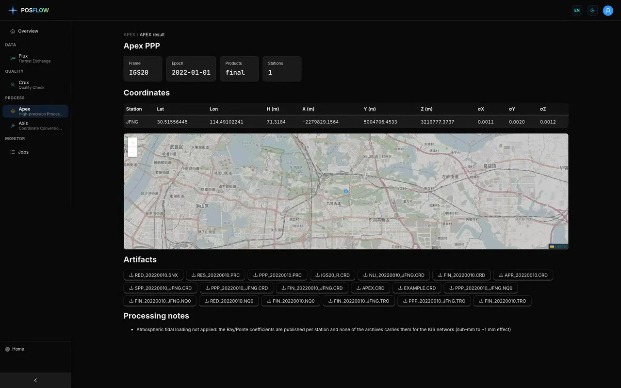 PosFlow Apex: online PPP and PPK precise positioning results dashboard