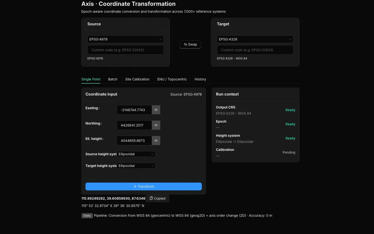 PosFlow Axis: coordinate transformation and datum conversion tool